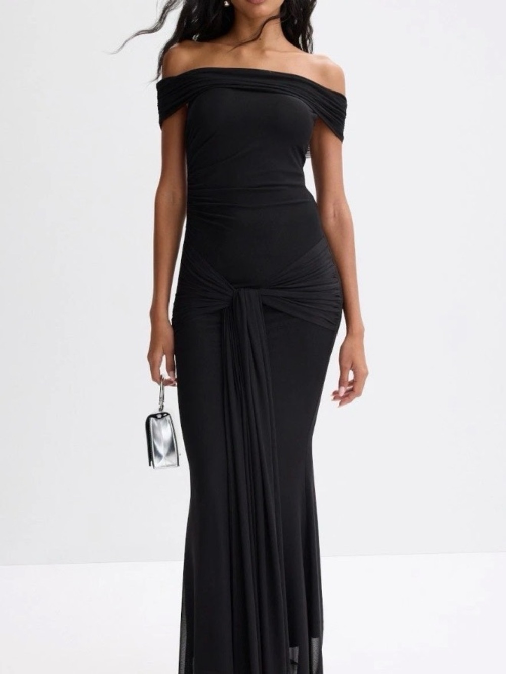 Off-Shoulder Black Maxi Dress with Draped Knot Detail